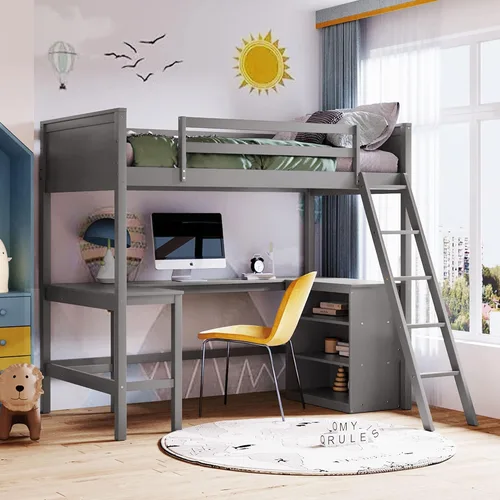 Miniatura 11 de Harper & Bright Designs Cama tipo loft individual con escritorio y 3 estantes, marco de cama tipo loft de madera maciza con escalera en ángulo