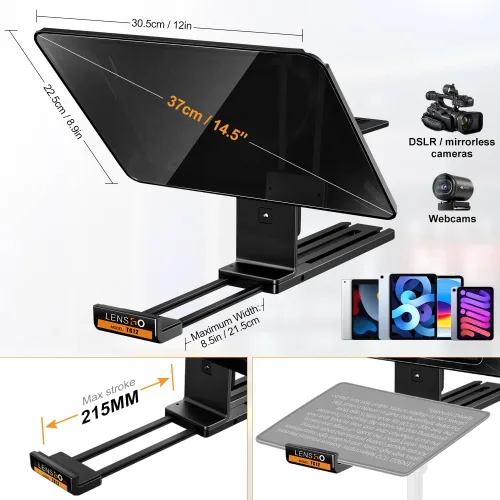 Miniatura 2 de LENSGO Teleprompter de aluminio de 14.5 pulgadas para iPad Tablet, cámaras DSLR con control remoto, aplicación compatible con iOS/Android, indicador