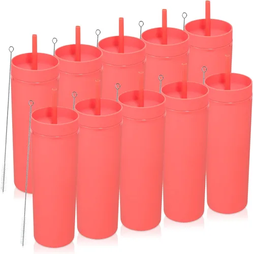 Miniatura 40 de Volhoply Paquete a granel de 4 vasos delgados de plástico de 20 onzas, vaso de doble pared con tapa y popote, taza reutilizable de viaje para café