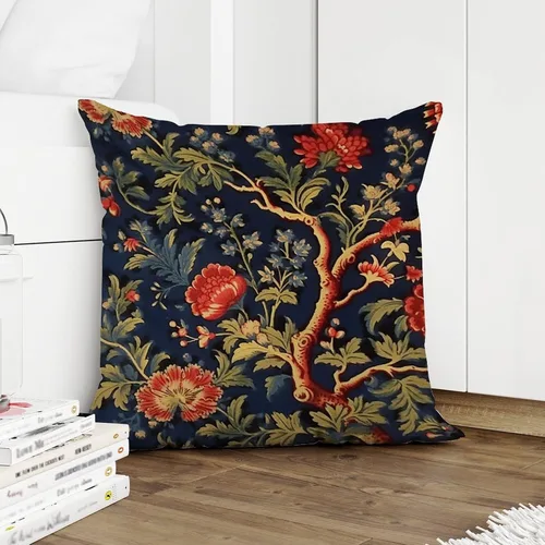 Funda de almohada azul marino floral botánica, color burdeos, dorado, oliva, funda de cojín decorativa abstracta, decoración del hogar para
