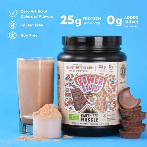 Miniatura 2 de Earth Fed Muscle Power Couple Mantequilla de Maní Chocolate Aislado de Proteína de Suero Verdaderamente Alimentado con Pasto - Certificado NSF. Sin