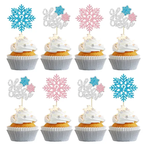 Miniatura 23 de Gyufise 24 adornos de copos de nieve Oh Baby para cupcakes con purpurina azul, decoración de pastel de baby shower congelado para baby shower