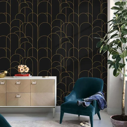Miniatura 6 de Papel tapiz para despegar y pegar, moderno papel tapiz geométrico negro/dorado, 17.71 x 118 pulgadas, papel tapiz autoadhesivo extraíble, papel