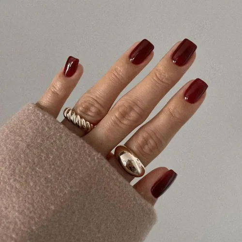 Uñas postizas a presión de color rojo burdeos, cuadradas cortas, uñas de gel naturales cortas con pegamento para uñas acrílicas, 48 piezas de uñas