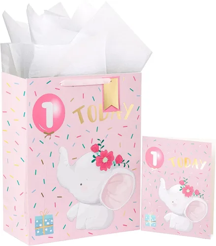 WRAPAHOLIC Bolsa de regalo extra grande de 16.5 pulgadas con tarjeta y papel de seda, adorable diseño de elefante para bebé, baby shower, fiesta