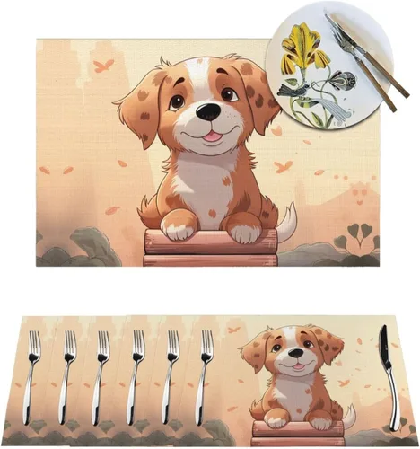 6 PCS PVC Placemats Set Place Mats Cartoon Dog Non-Slip Weave Place Mats 12" x 18" Farmhouse Table Mat Set for Family Dinners Wedding Parties