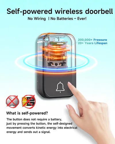 Miniatura 2 de Kit de timbre inalámbrico, timbre autoalimentado sin batería, rango de 600 pies, 63 campanas seleccionables, volumen ajustable con luz RGB, timbre