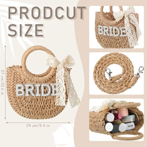 Miniatura 2 de Pinkunn Bolso de paja para novia, bolso tejido a mano, con parches de letras de diamantes de imitación, para despedida de soltera, luna de miel