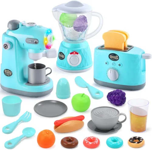CUTE STONE Juego de cocina para niños, conjuntos de electrodomésticos de juguete con cafetera, licuadora y tostador funcionales, luces y sonidos
