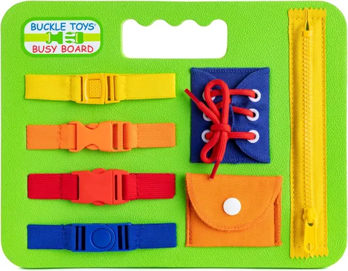 Buckle Toys Juguete de bebé Busy Board, aprende a ajustar, cerrar la cremallera, amarrar los cordones para zapatos y hebilla