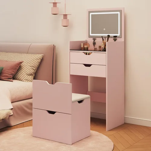 Miniatura 8 de Escritorio de tocador 3 en 1 para dormitorio con espejo iluminado superior abatible, tocador de maquillaje compacto de 17.9 pulgadas con 3 cajones