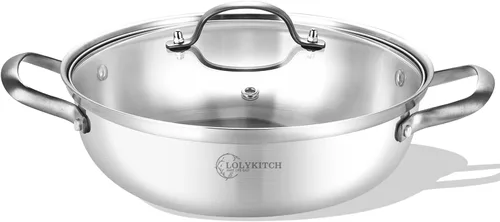 Miniatura 7 de LOLYKITCH Sartén para saltear de acero inoxidable de 3 capas de 11 pulgadas con tapa, 3.5 QT, sartén para uso diario, Kadhai, sartén de cocina por
