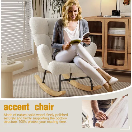 Miniatura 4 de Gaussen Mecedora planeadora para guardería, cómoda silla decorativa con respaldo alto, sillas de sala de estar tapizadas suaves para lectura, Blanco