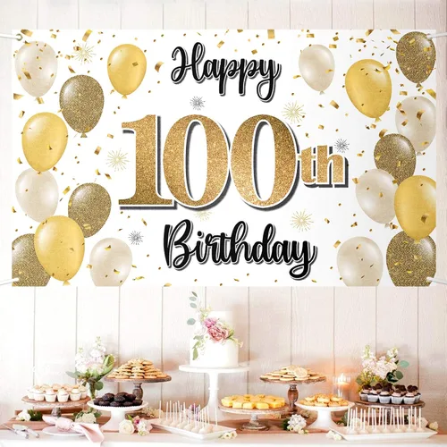 Decoraciones de Feliz Cumpleaños 100, Globo Dorado Grande 100 Pancarta de Cumpleaños Telón de Fondo Letrero - Salud por 100 Años Suministros para