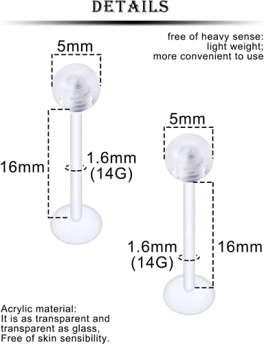 Miniatura 3 de Anillos de plástico transparente de 16G y 14G para la lengua, piercing para cirugía, bioflex flexible, extra largo, labtert, monroe, medusa, anillos