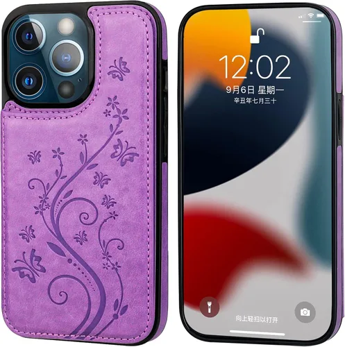 Miniatura 3 de Vaburs Funda compatible con iPhone 13 Pro con tarjetero y diseño de mariposa en relieve, de piel sintética, doble botón, a prueba de golpes