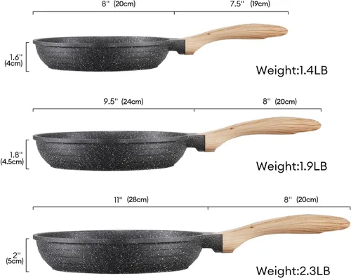 Miniatura 2 de JEETEE Juego de sartenes antiadherentes, juego de sartén antiadherente para tortilla de 3 piezas, 8, 9.5, 11 pulgadas, sartén antiadherente de Gris