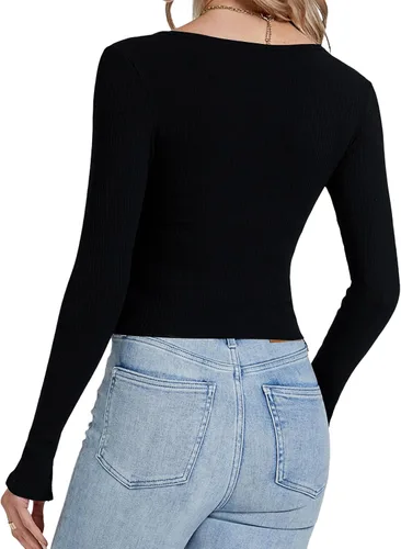 Miniatura 2 de LYANER Camiseta de manga larga con cuello en V profundo y cremallera frontal con abertura frontal para mujer