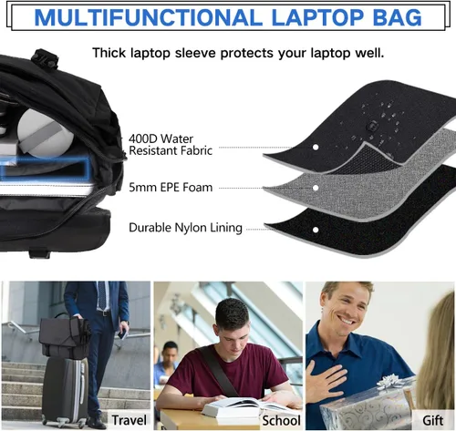 Miniatura 6 de Bolsa de mensajero para hombre, ligera, resistente al agua, 15.6 pulgadas, bolsa para laptop, bolsa de hombro para oficina de negocios Negro