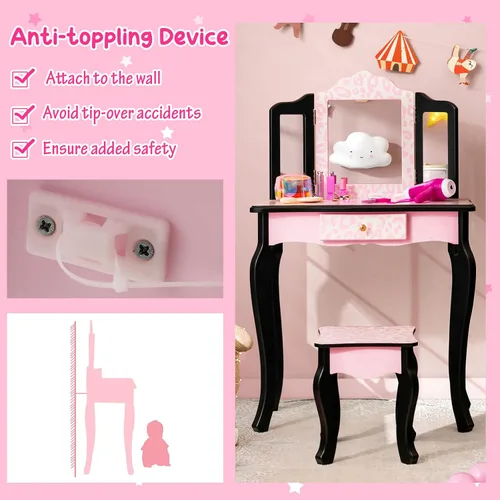 Miniatura 5 de Costzon Juego de mesa y silla para niños, juego de tocador para niñas con espejo y taburete, cajón de almacenamiento, tocador de maquillaje