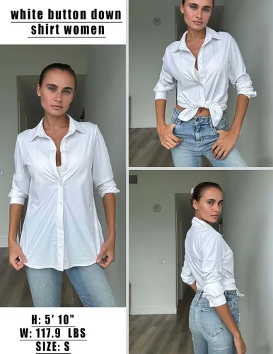 Miniatura 4 de HOTOUCH Camisas con botones para mujer, de manga larga, elásticas, sin arrugas, blusas de trabajo, ajustadas, para la oficina