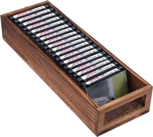 Miniatura 5 de 2 piezas de almacenamiento de cinta de casete de madera con malla de alambre de metal, torre de casete estilo granja, estante organizador