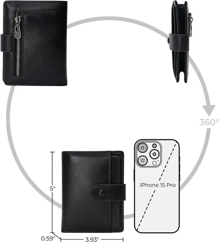 Miniatura 4 de Alldaily Cartera pequeña de piel con bloqueo RFID para mujer, plegable con 10 ranuras para tarjetas y bolsillo con cremallera, Negro, Pequeña