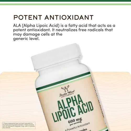 Miniatura 4 de Double Wood - Ácido alfa lipoico de 600 mg por porción, 120 cápsulas (probado por terceros, sin OMG, sin gluten, vegano seguro), apoyo energético