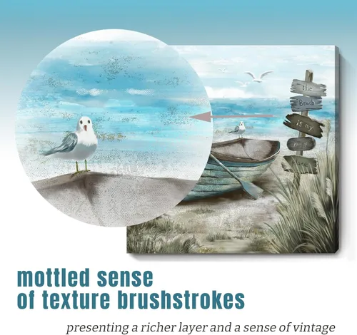Miniatura 4 de Arte de pared para baño, decoración costera, barco náutico en la playa, lienzo con imagen de gaviota del océano, paisaje marino, arte de granja