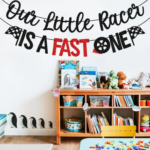 Miniatura 7 de Cartel de Our Little Racer Is A Fast One, decoraciones de cumpleaños de Fast One, decoraciones de primer cumpleaños de carreras para niño, purpurina