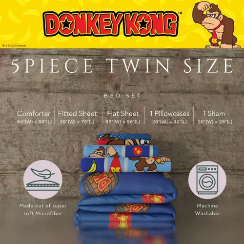 Miniatura 3 de Franco - Juego de ropa de cama coleccionable Nintendo Donkey Kong, 5 piezas, edredón reversible supersuave y juego de sábanas con funda, tamaño Rojo