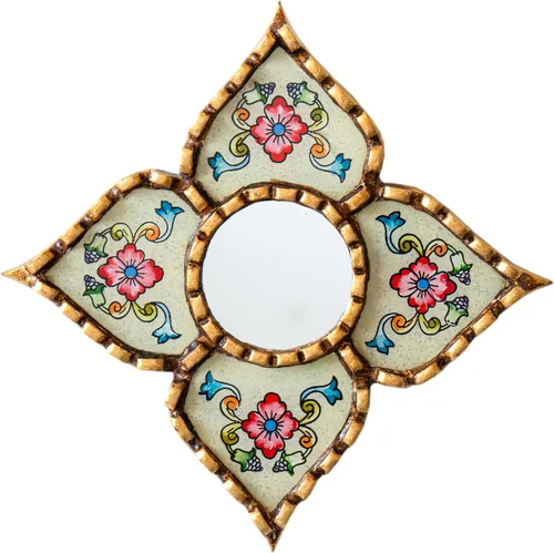 Espejo peruano pequeño, espejo artesanal hecho a mano, decoración de pared de vidrio pintado inverso, espejos con forma de diamante de 8.26 pulgadas