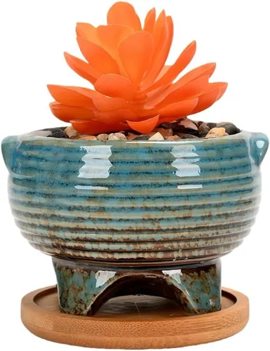 Miniatura 46 de Bonita maceta circular de cerámica para decoración del hogar y jardín, suculentas, cactus, maceta no incluida (azul, 3.19 pulgadas)