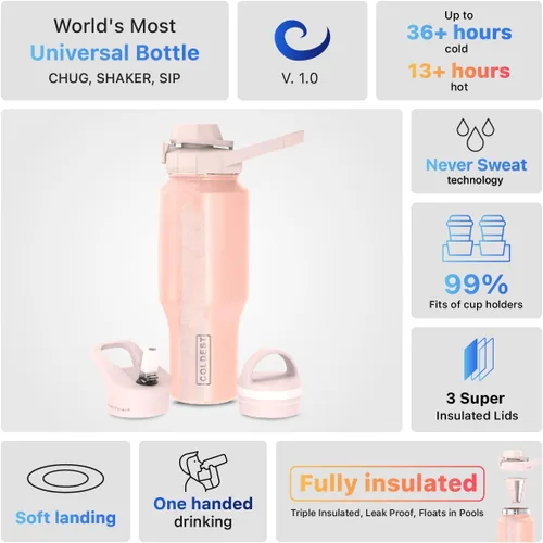 Miniatura 4 de La Botella de Agua Deportiva Más Fría - Tapas 3 en 1 (Trago, Popote, Asa) - Vaso Termo Aislado de Acero Inoxidable con Asa - Taza de Botella de Agua