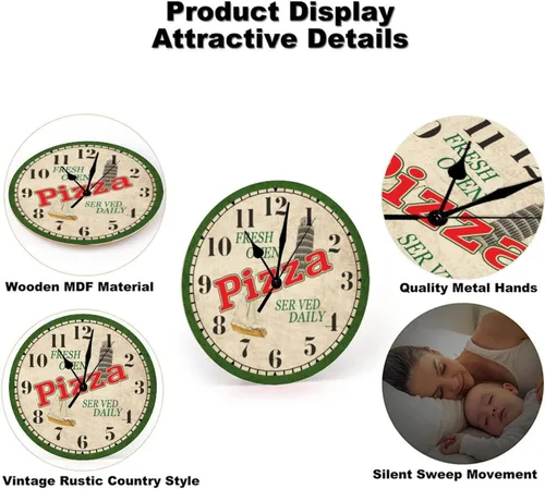 Miniatura 5 de Reloj redondo para pizza, para sala de estar, cuarzo, de madera, redondo, silencioso, de 10 x 10 pulgadas, reloj de madera retro para escuela