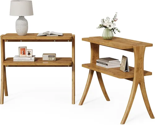 Miniatura 8 de LITTLE TREE Mesa auxiliar estrecha, mesa de centro de 2 niveles estilo granja con patas de madera maciza, mesa auxiliar pequeña, ahorradora