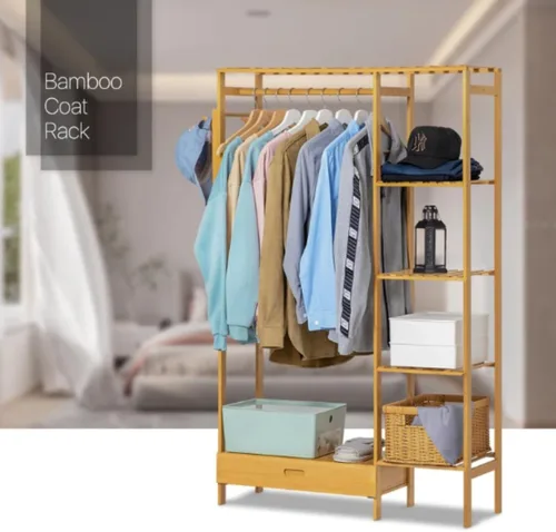 Miniatura 3 de Multifunctional Bamboo Clothes Rail Stand with Hanging Rod,Sturdy Freestanding Coat,Garment Rack,Open Wardrobe for Bedroom Hallway,Clothing Hanger