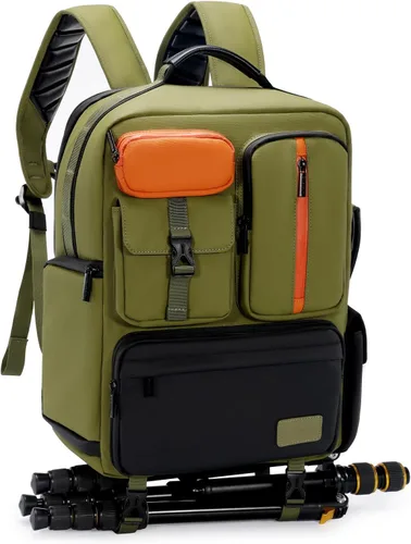 Miniatura 10 de Cwatcun Mochila para cámara DSLR/SLR/SLR/sin espejo para fotógrafos, funda de piel impermeable con soporte para trípode y portátil compatible