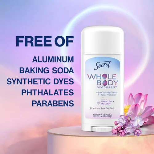 Miniatura 4 de Secret Desodorante en barra de cuerpo entero para mujer, aroma a lila y lirio, desodorante sin aluminio, protección contra olores 72 HR, 2.4 onzas