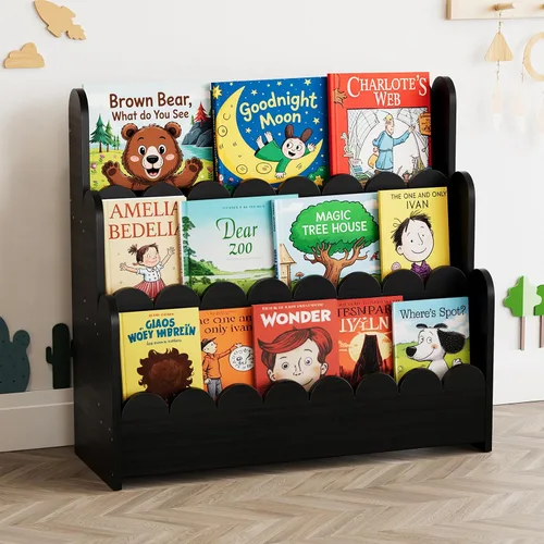 SpaceAid Estantería festoneada de 3 niveles, estantería Montessori para niños pequeños, estante organizador de libros de madera, muebles de Negro
