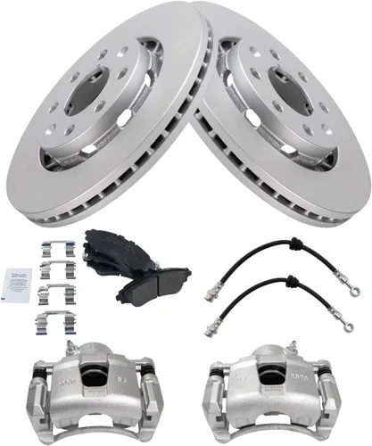 Miniatura 3 de TRQ Kit de pastillas de freno delantero y rotor, pinza de freno, manguera de freno, rotor de freno, semimetálico, revestimiento G, compatible