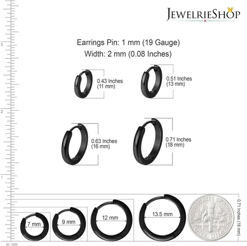 Miniatura 3 de JewelrieShop - Juego de aretes de aro quirúrgicos dorados, hipoalergénicos, aretes de aro para hombre (oro, negro, aretes de aro de acero inoxidable)