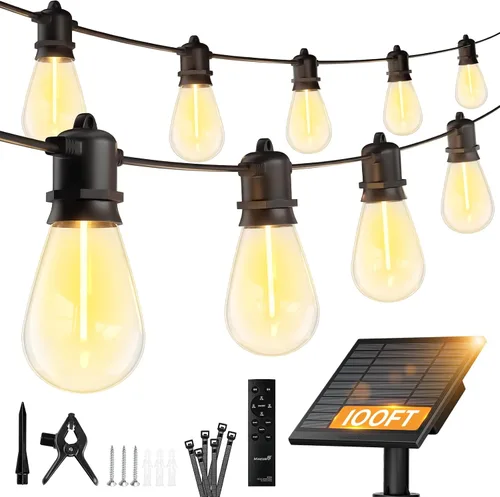 Miniatura 12 de Minetom Tira de luces solares de 34 pies para exteriores con control remoto, luces de patio con 10 bombillas LED inastillables y ganchos, enchufe