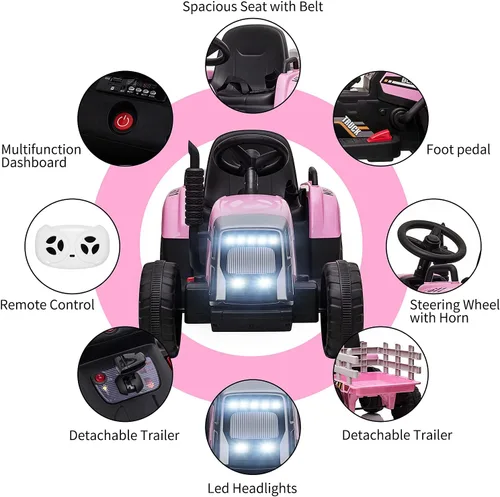 Miniatura 2 de Tractor eléctrico de 12V para niños con batería, con remolque, vehículo de paseo para niños con control remoto/ 7 faros LED/ cambios de marcha 2+1