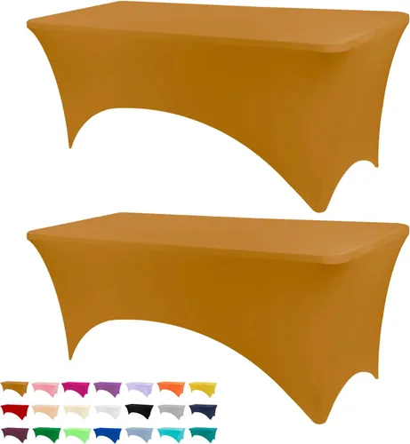 BDDC Mantel para mesas de 6 pies, paquete de 2 manteles elásticos rectangulares lavables y resistentes a las arrugas, dorados de 6 pies para