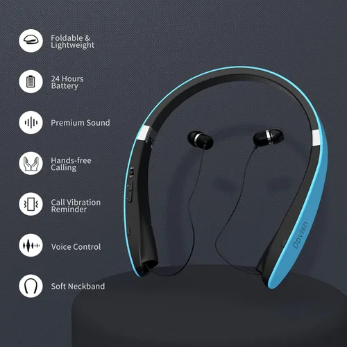 Miniatura 7 de Auriculares Bluetooth con banda para el cuello, auriculares inalámbricos ligeros plegables con auriculares retráctiles, cancelación de ruido, Azul