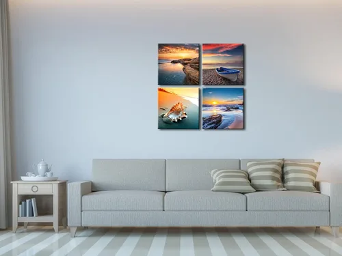 Miniatura 5 de Pyradecor Puesta de sol mar playa moderna paisaje marino cuadros cuadros sobre lienzo arte de pared 4 paneles estirados impresiones de lienzo
