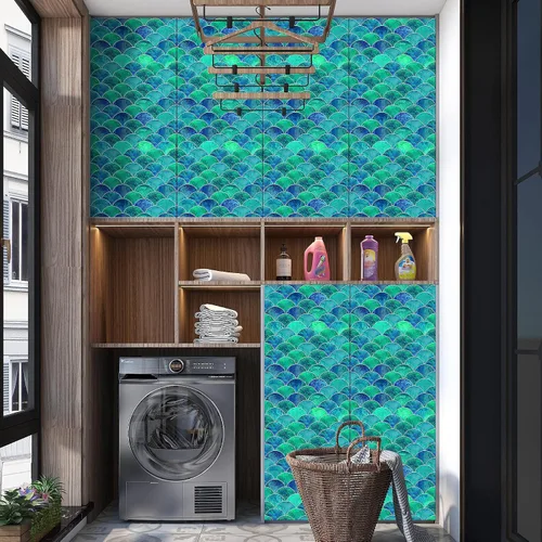 Miniatura 6 de Hyun-chae - 6 calcomanías de escamas de peces de 12 x 12 pulgadas, color azul, removibles, impermeables, autoadhesivas, para cocina, muebles de baño