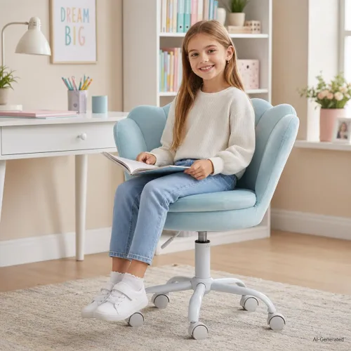 Linda silla de escritorio para niños, silla ergonómica ajustable de terciopelo para estudiantes, moderna silla giratoria tapizada con ruedas, silla