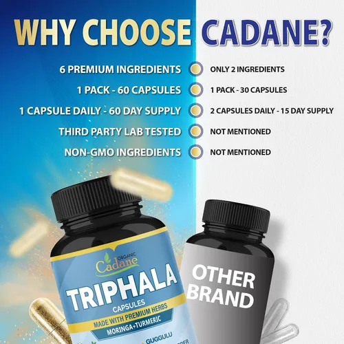 Miniatura 7 de Organic Cadane Cápsulas de extracto de Triphala – Complejo de 6 ingredientes premium con cúrcuma, moringa, guggul, jengibre y pimienta negra – 60